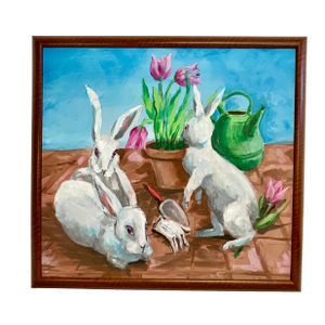 1970s Vintage Impressionist Original Painting Bunnies and Spring Tulips, Artist Signed