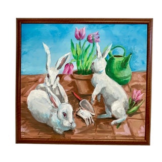 1970s Vintage Impressionist Original Painting Bunnies and Spring Tulips, Artist Signed - Easter. For Sale