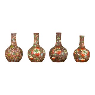 Vintage Chinese Kendi Shape Porcelain Vases with Raised Floral and Fruit Décor For Sale