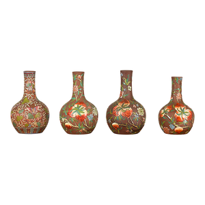 Vintage Chinese Kendi Shape Porcelain Vases with Raised Floral and Fruit Décor