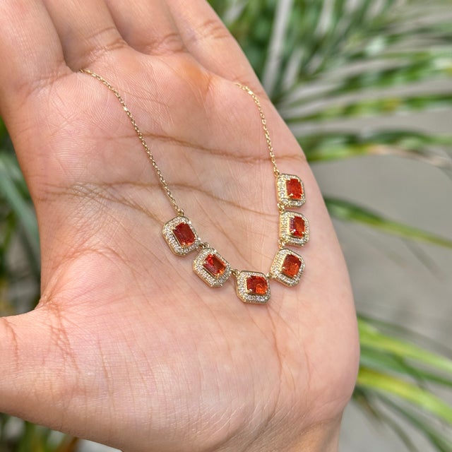 Contemporary 14k Yellow Gold 2.67ct Emerald-Cut Orange Sapphire Diamond Halo Station Necklace For Sale - Image 3 of 16