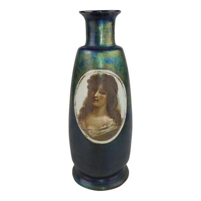 Antique Iridescent Art Glass Vase Victorian Portrait Oil Slick Finish For Sale