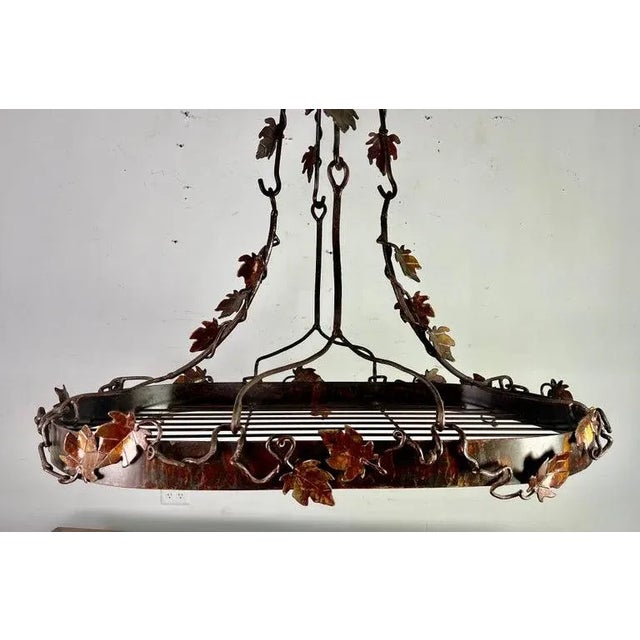 Late 20th Century Wrought Iron Pot Rack With Grapevine Design, Distressed Finish For Sale - Image 5 of 10