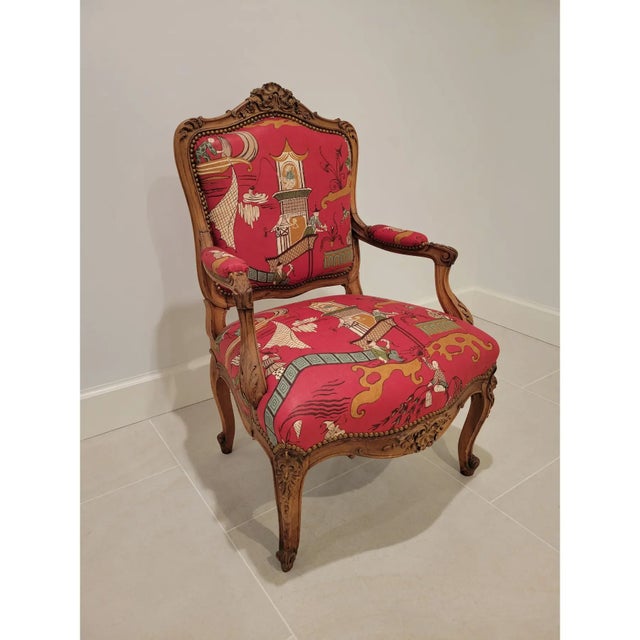 Red Louis XV Style Open Armchair in Scenic Red Chinese Print For Sale - Image 8 of 10