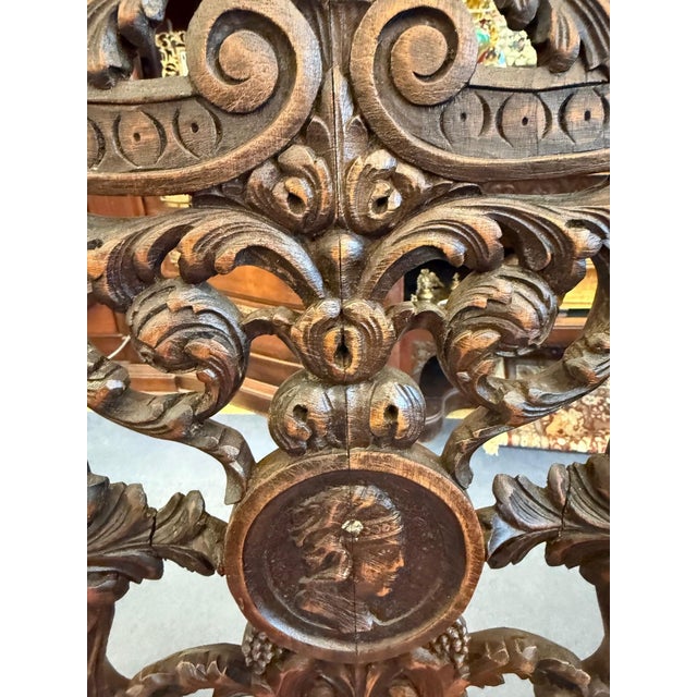 Antique Pair of Carved Walnut Jacobean Revival Throne Chairs With Red Leather Seats For Sale - Image 14 of 16