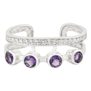 Dainty Amethyst & Zircon Open Cuff Ring in 925 Silver, Size 6.5 For Sale