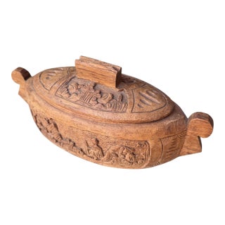 1970s Hand-Carved Folk Wooden Lidded Vessel Featuring Intricate Relief Carvings and Motifs For Sale