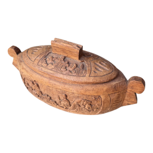1970s Hand-Carved Folk Wooden Lidded Vessel Featuring Intricate Relief Carvings and Motifs