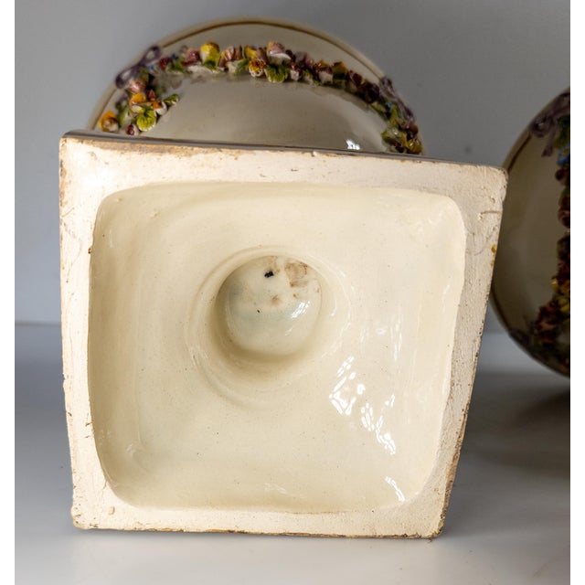 Mid-Century Pair of Italian Capodimonte or Nove Style Floral Covered Urns For Sale - Image 14 of 16