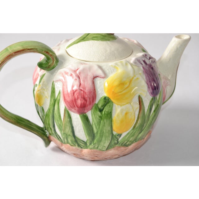 Olive 1993 Vintage Fitz & Floyd Majolica Ceramic Embossed Tulip Flowers Tea Coffee Pot For Sale - Image 8 of 18
