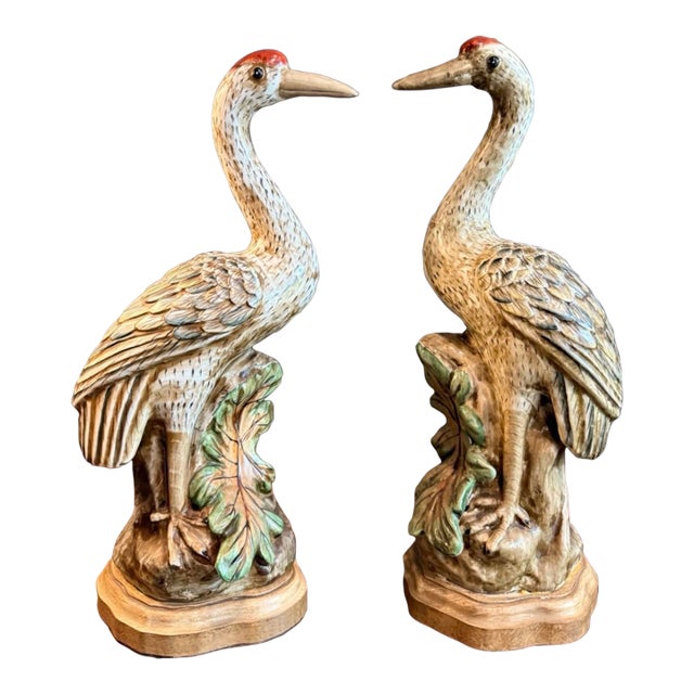 Vintage Figural Crane Table Lamps | Hand-Painted Sculptural Bird Lamps | Nature Motif For Sale