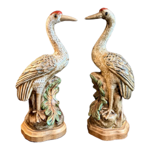 Vintage Figural Crane Table Lamps | Hand-Painted Sculptural Bird Lamps | Nature Motif