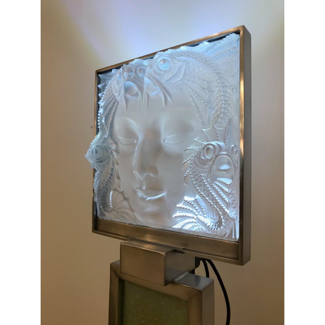 1990s Signed Lalique French Art Glass "Masque De Femme" Plaque Standing Lamp For Sale - Image 5 of 13