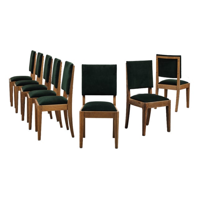 Set of Eight French Oak Dining Chairs in Forest Green Cotton Velvet, C. 1945 For Sale