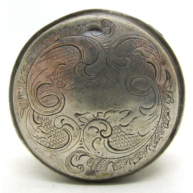 Antique Engraved Sterling Silver Round Pill Box 15.6g. Measures 1" tall and has a 1 3/4" diameter.