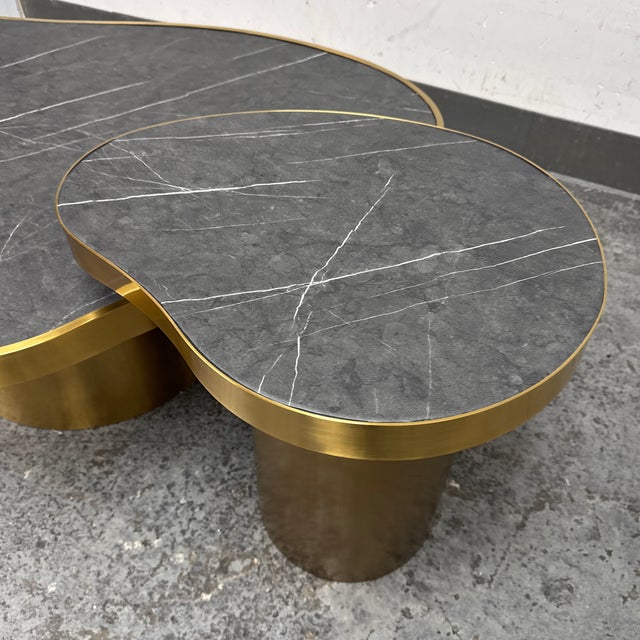 Michael Oren Design Custom Black Marquina Marble Kidney Coffee Table + Side Table, Set of Two For Sale In San Francisco - Image 6 of 12