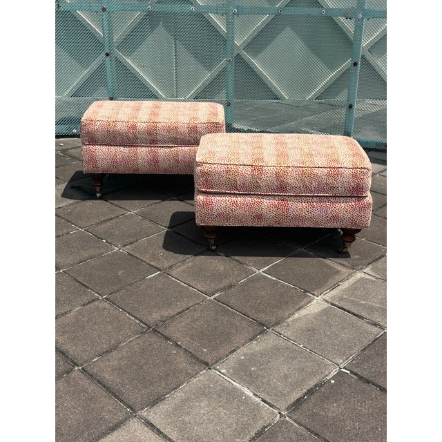 A charming pair of vintage upholstered ottomans by Drexel Heritage, from the Home Inspirations collection. Crafted in a...