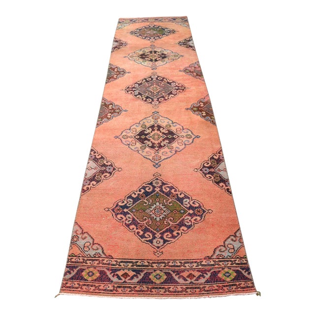 1960s Orange Pastel Anatolian Handmade Runner Carpet For Sale