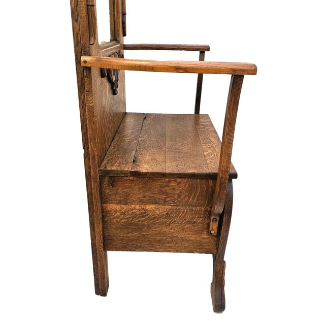 Antique American Tiger Oak Hall Tree With Carved Crest, Beveled Mirror & Storage Bench, C. 1900 For Sale - Image 16 of 18