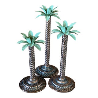 Coastal Verdigris Palm Tree Candle Holders-Set of Three For Sale