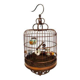 Antique Early 20th Century Chinese Bamboo Wood Bird Cage W/Porcelain Bird Feeders - 6 Piece Set For Sale