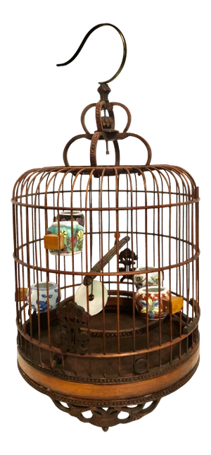Antique Early 20th Century Chinese Bamboo Wood Bird Cage W/Porcelain Bird Feeders - 6 Piece Set