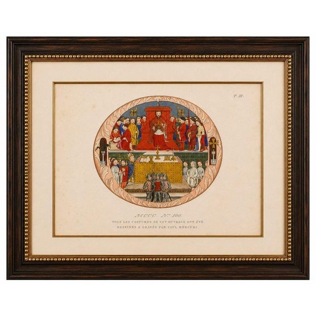 Medieval Royal Court and Altar Ceremony, Hand-Colored Print by Paul Mercuri, 1845 A finely hand-colored historical costume...