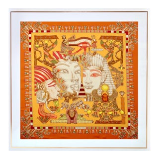 Framed Hermès Silk Scarf "Trésor Du Nil" by Joachim Metz - Orange Gold Frame For Sale