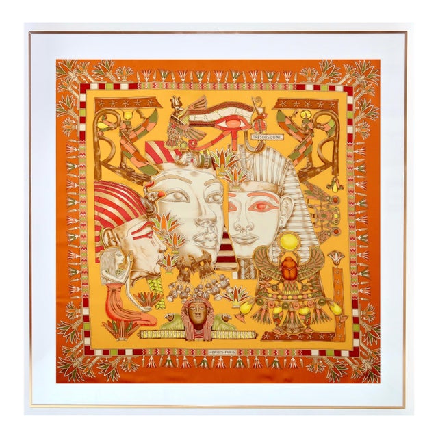 Framed Hermès Silk Scarf "Trésor Du Nil" by Joachim Metz - Orange Gold Frame For Sale