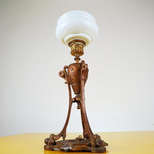 Vintage Art Nouveau Metal and Glass Lamp For Sale - Image 9 of 11