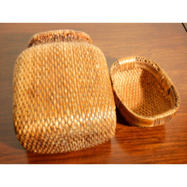 Vintage Chinese Willow Woven Fisherman Basket Asian Storage Container For Sale - Image 10 of 11