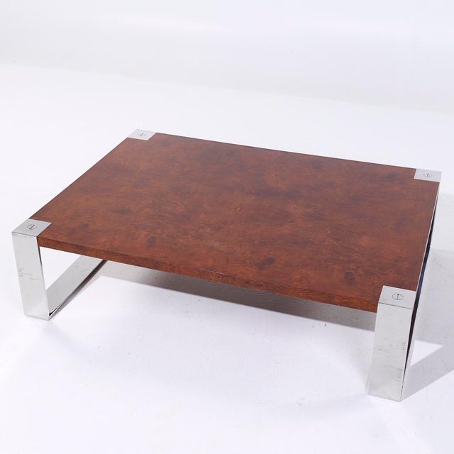 Wood Ralph Lauren Mid Century Burlwood and Stainless Steel Cocktail Coffee Table For Sale - Image 7 of 8