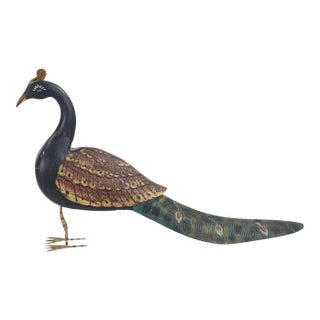 Vintage Hand Painted Wooden Peacock Statue For Sale