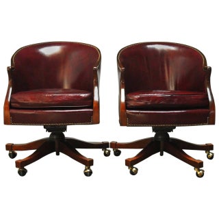 Baker Leather Barrel Back Office Chairs - A Pair For Sale