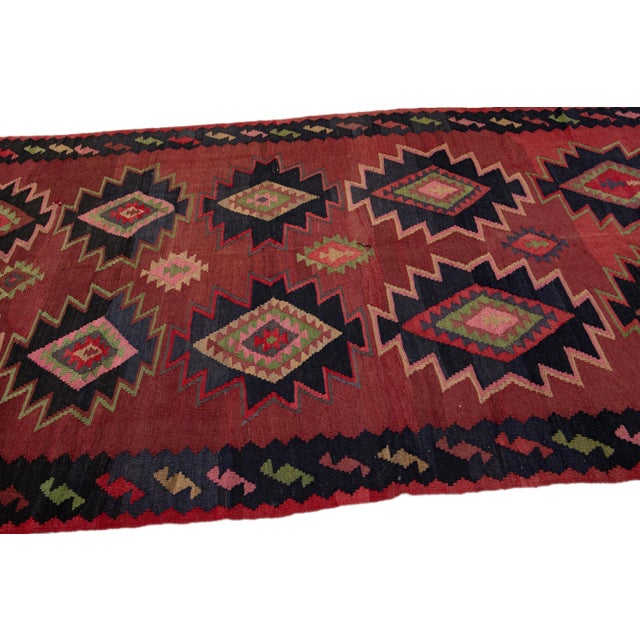 Textile Mid-20th Century Turkish Kilim Red Handmade Tribal Wool Rug For Sale - Image 7 of 9