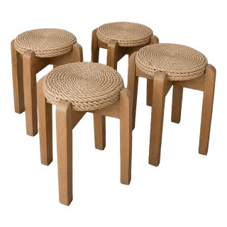 Mid-Century Modern Stackable Rush Woven Stools, 1960s, Set of 4 For Sale