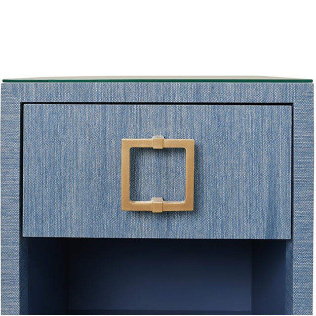 Contemporary Matthew Izzo Home Blair Light Blue Dyed Grasscloth One Drawer Square Side Table With Brass Hardware and Glass Top For Sale - Image 3 of 7