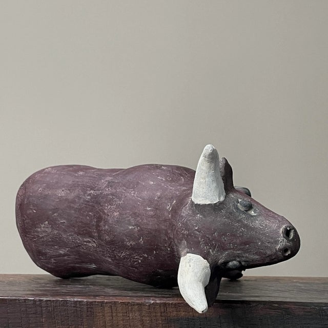 Maroon Vintage Mexican Polychrome Ceramic Bull Sculpture For Sale - Image 8 of 9