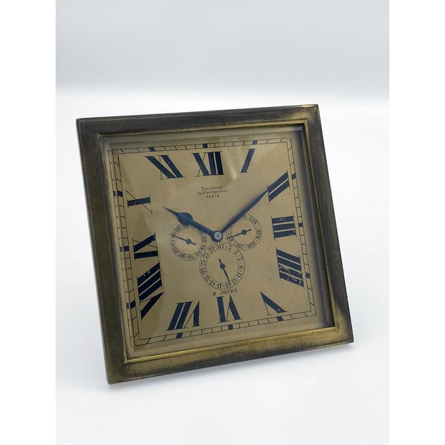 8 Day Desk Clock with Calendar and Brass Case from Philippe, Paris, 1920s For Sale - Image 9 of 9