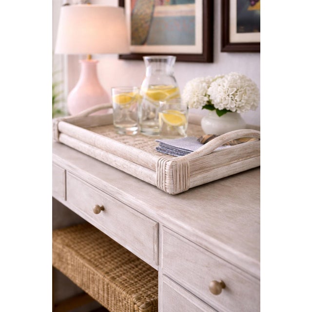 Vintage Bamboo & Woven Rattan Serving Tray — Coastal Breeze Whitewashed Tray With Handles, 22” X 19” For Sale In Los Angeles - Image 6 of 6