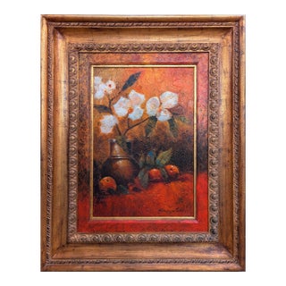 Framed Oil on Canvas Still Life Painting With a Bronze Vase Fruits and Flowers For Sale