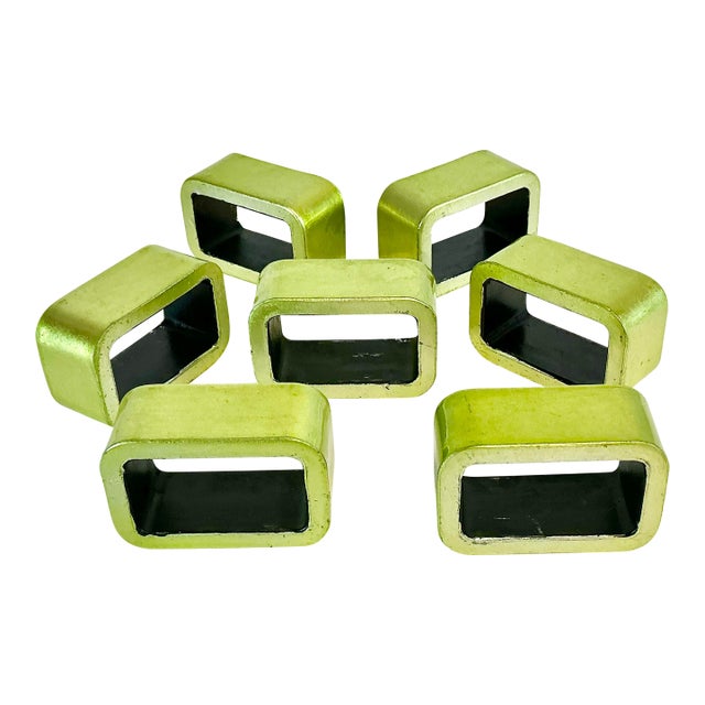 1980s Postmodern Minimalist Metallic Lime Green Napkin Rings - Set of 7. For Sale