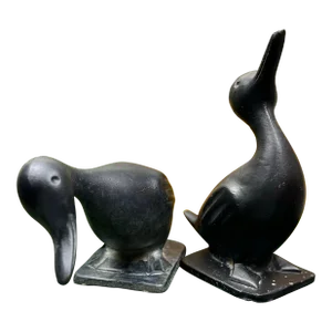 Set of 2 1950s Solid Cast Iron Ducks, Stamped Virginia Metal Crafters