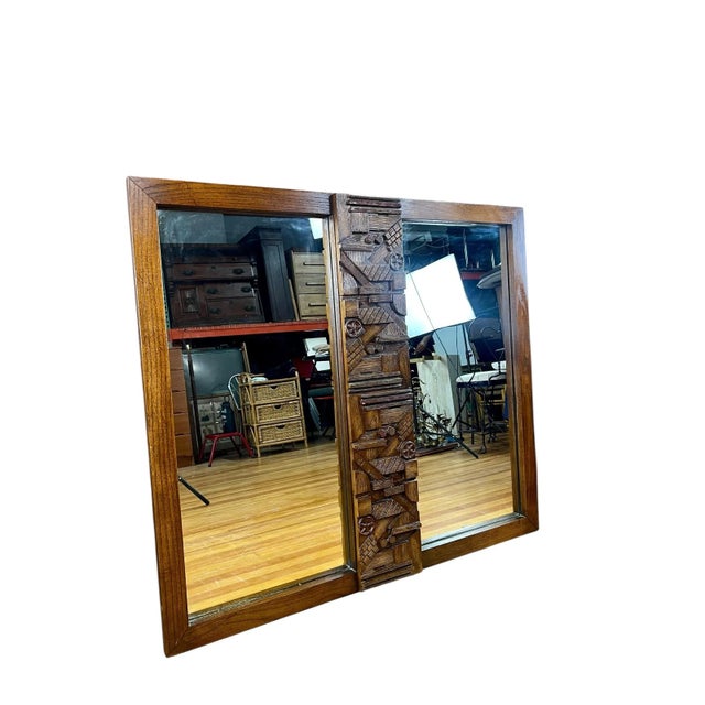 For sale is this very nice large vintage Brutalist abstract dresser mirror made out of oak.