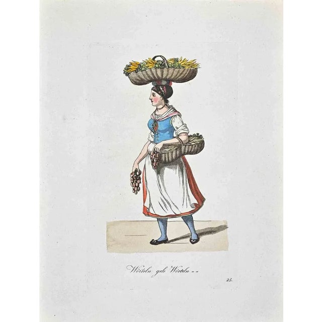 Hand-colored etching by Christoph Suhr in 1808. Belongs to the series "Der Ausruf in Hamburg dargestellt in einhundert und...
