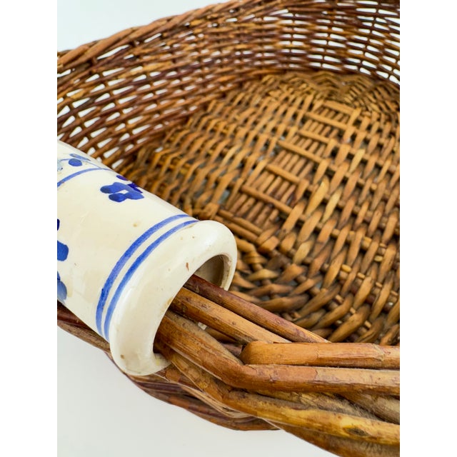 Vintage Woven Wicker Basket With Blue & White Porcelain Handles For Sale In Little Rock - Image 6 of 11