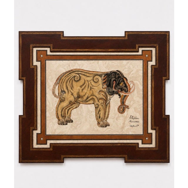 A fun and unusual set of four artist-signed animal paintings featuring an elephant, rhinoceros, lion, and camel. Each is...