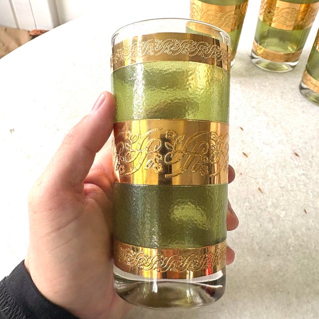 1960s Mid-Century Green and 22k Gold Highball Cocktail Glasses, Set of 4 By Starlyte