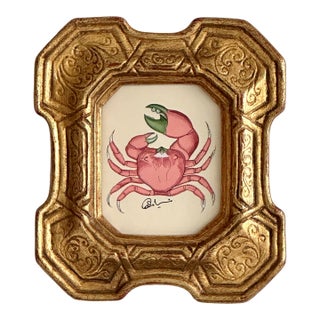 Original Hand-Painted Crab Painting Framed in a Vintage Italian Frame For Sale