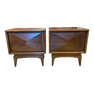 1960s Mid Century Modern United Diamond Front Nightstands -2- For Sale